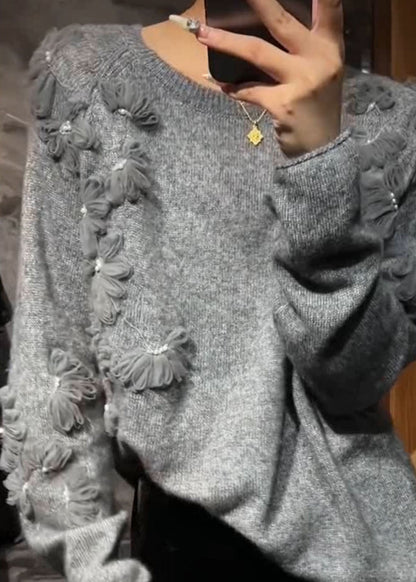 Casual Grey O-Neck Floral Cotton Knit Sweater Spring