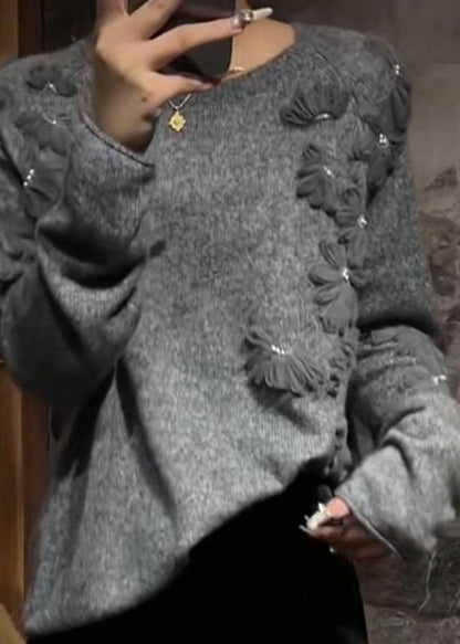 Casual Grey O-Neck Floral Cotton Knit Sweater Spring