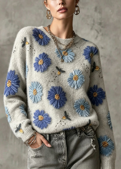 Casual Grey O-Neck Floral Cotton Knit Sweaters Fall