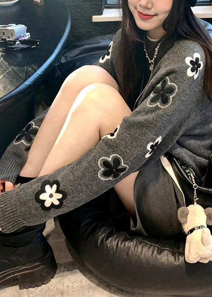 Casual Grey O Neck Floral Knit Sweater Tops Spring