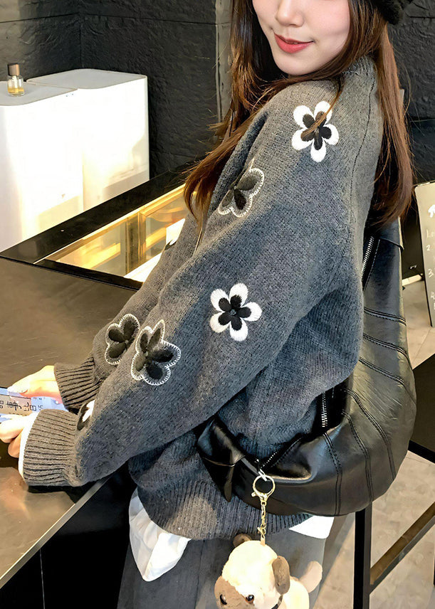 Casual Grey O Neck Floral Knit Sweater Tops Spring