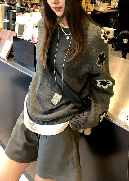 Casual Grey O Neck Floral Knit Sweater Tops Spring