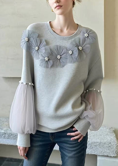 Casual Grey O Neck Floral Nail Bead Patchwork Cotton Top Fall
