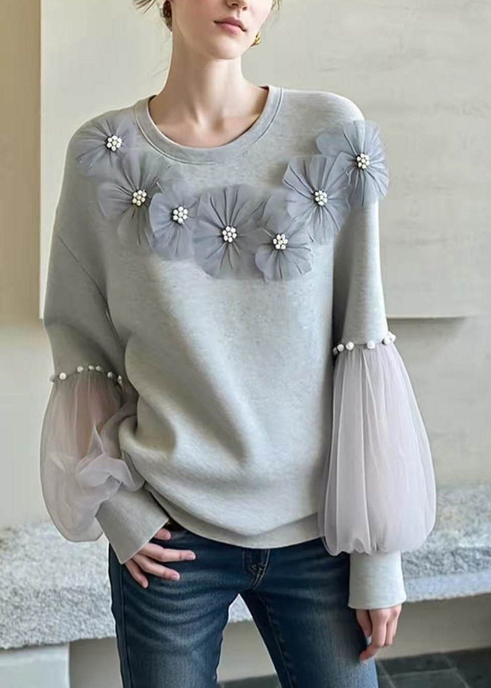 Casual Grey O Neck Floral Nail Bead Patchwork Cotton Top Fall