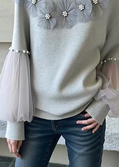 Casual Grey O Neck Floral Nail Bead Patchwork Cotton Top Fall