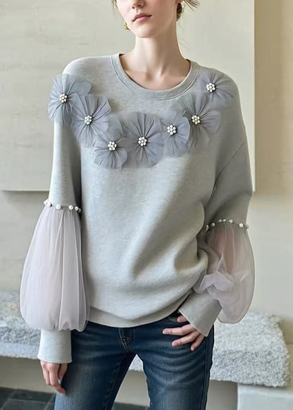 Casual Grey O Neck Floral Nail Bead Patchwork Cotton Top Fall