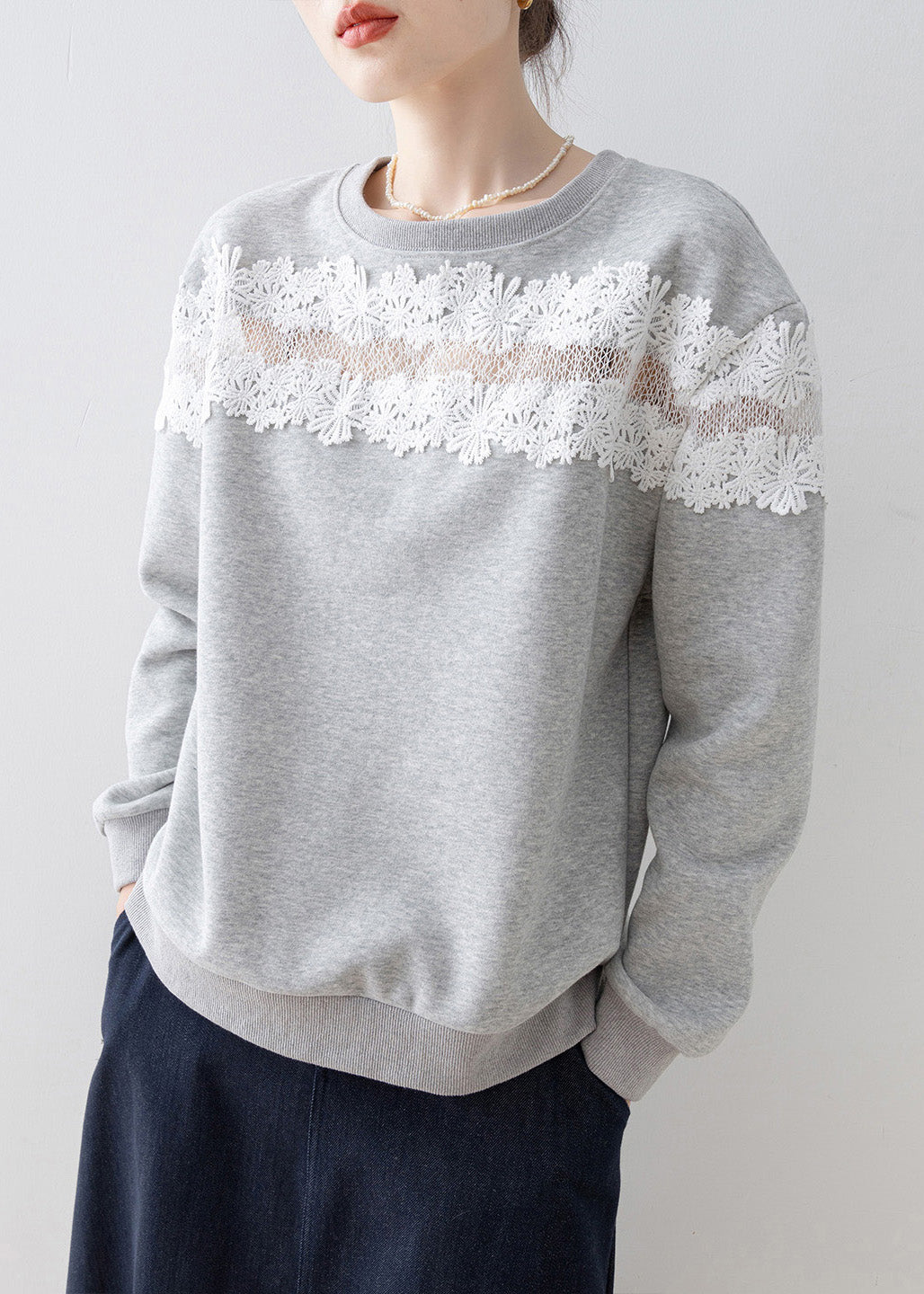 Casual Grey O Neck Lace Patchwork Cotton Sweatshirt Spring