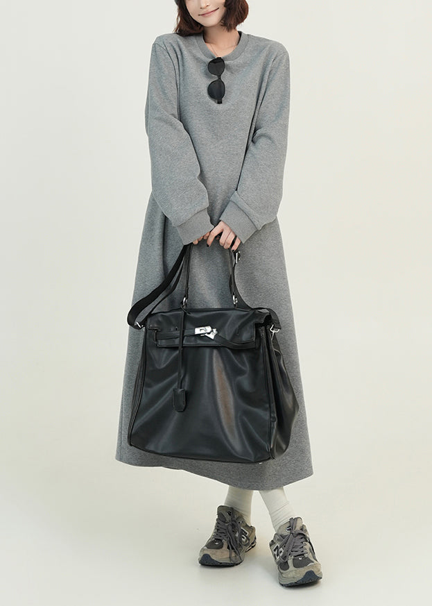 Casual Grey O Neck Loose Cotton Straight Dresses Spring