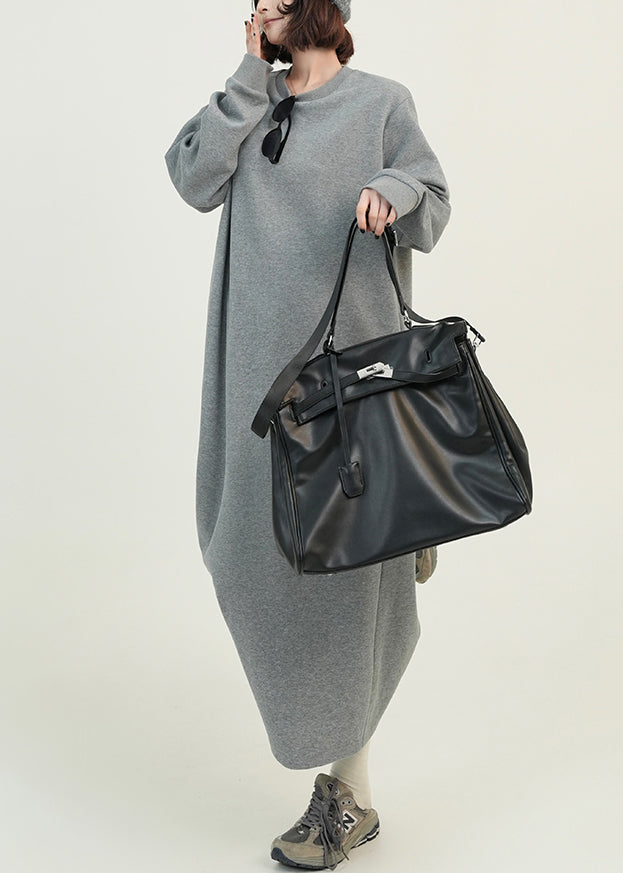 Casual Grey O Neck Loose Cotton Straight Dresses Spring