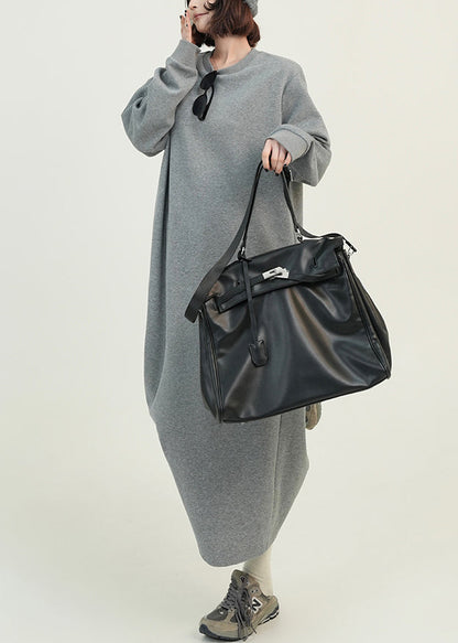 Casual Grey O Neck Loose Cotton Straight Dresses Spring