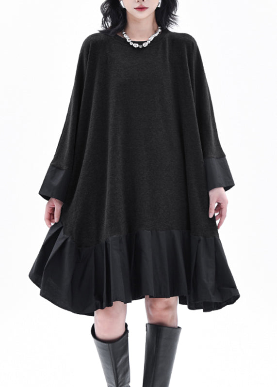 Casual Grey O-Neck Patchwork Long Dress Batwing Sleeve