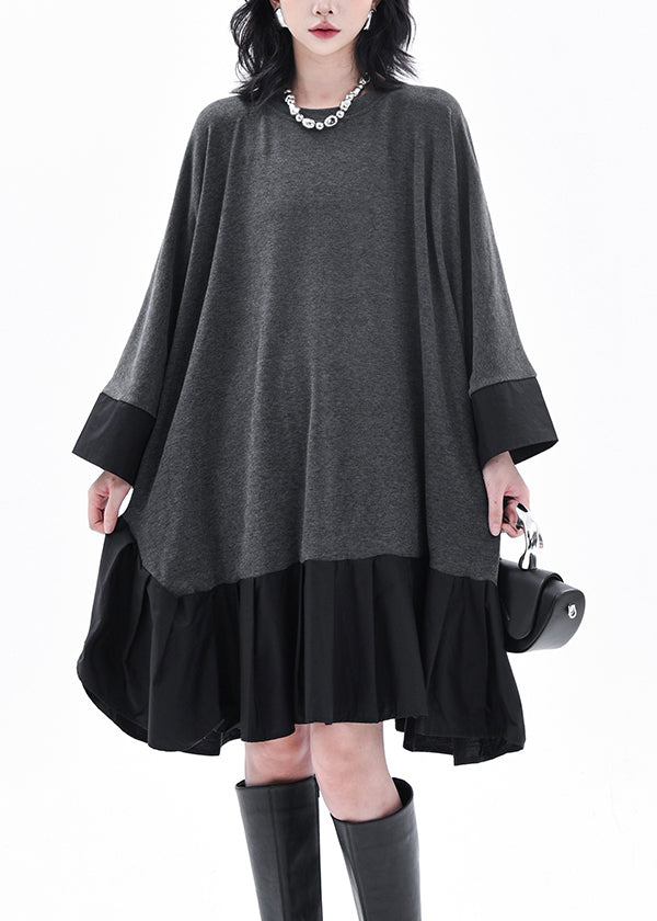 Casual Grey O-Neck Patchwork Long Dress Batwing Sleeve