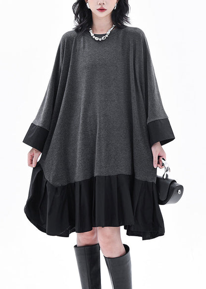 Casual Grey O-Neck Patchwork Long Dress Batwing Sleeve