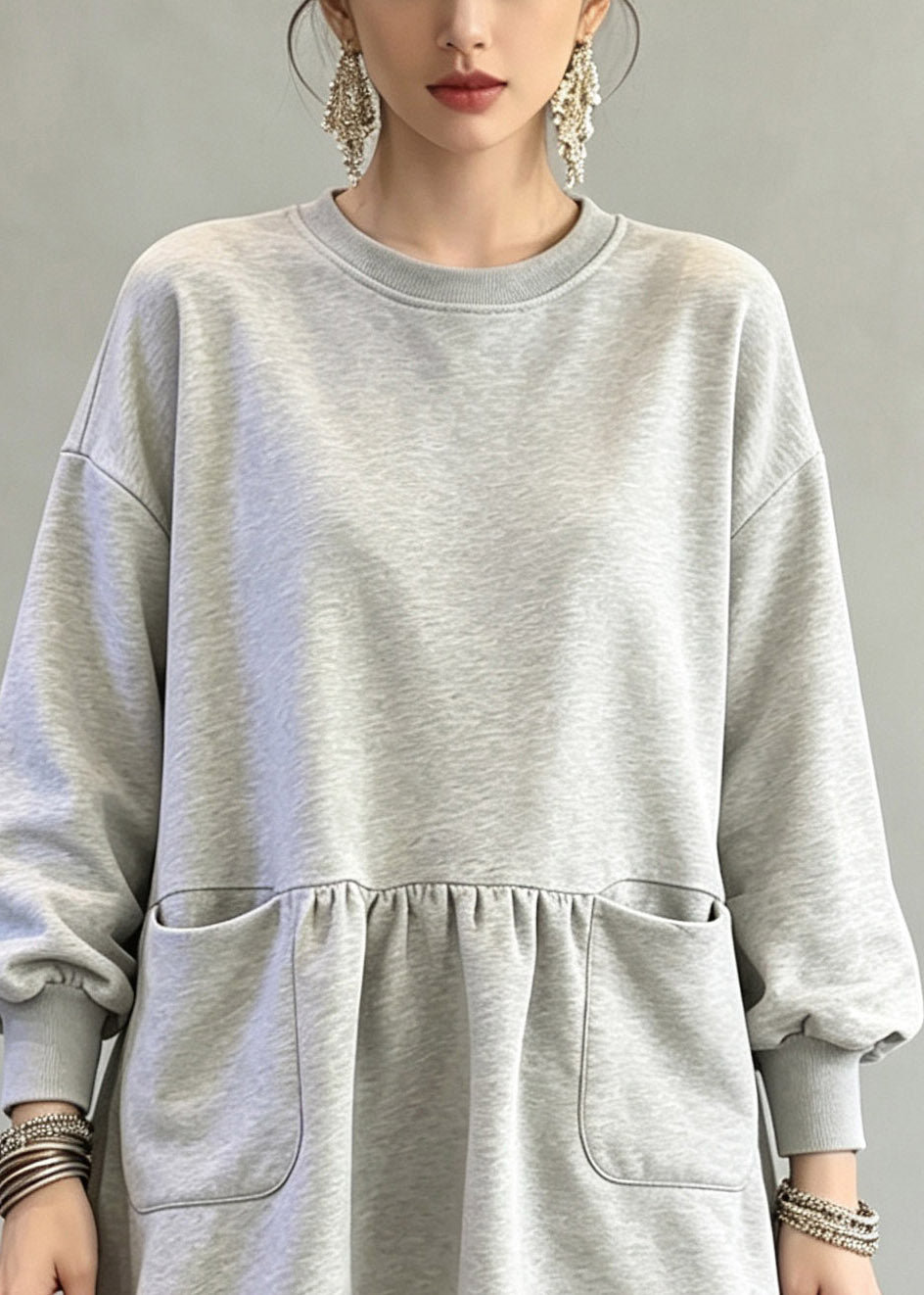 Casual Grey O-Neck Wrinkled Solid Top Fall