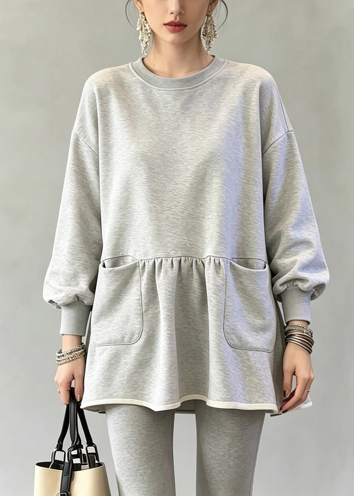 Casual Grey O-Neck Wrinkled Solid Top Fall
