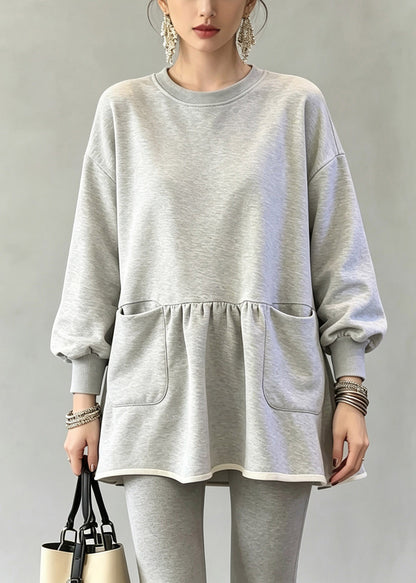 Casual Grey O-Neck Wrinkled Solid Top Fall