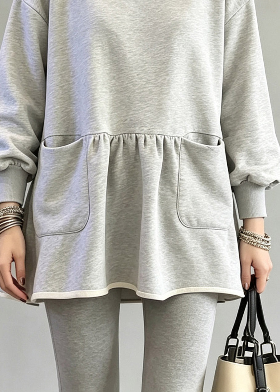 Casual Grey O-Neck Wrinkled Solid Top Fall