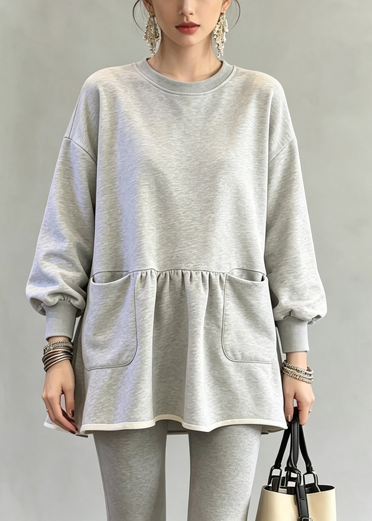 Casual Grey O-Neck Wrinkled Solid Top Fall