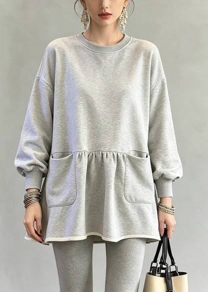 Casual Grey O-Neck Wrinkled Solid Top Fall