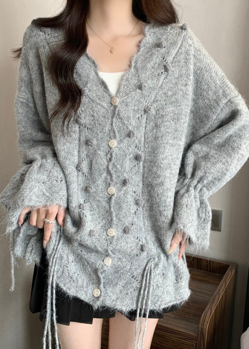 Casual Grey Oversized Fuzzy Ball Decorated Knit Cardigans Fall