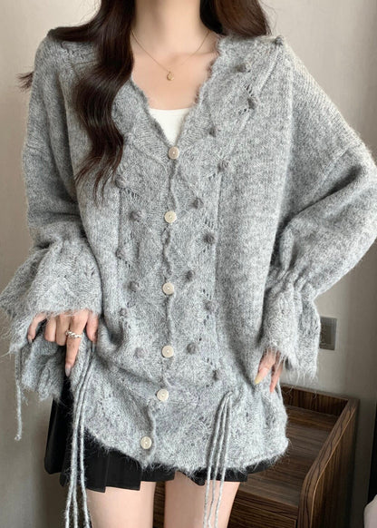 Casual Grey Oversized Fuzzy Ball Decorated Knit Cardigans Fall