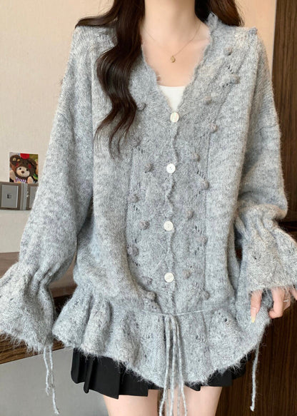 Casual Grey Oversized Fuzzy Ball Decorated Knit Cardigans Fall
