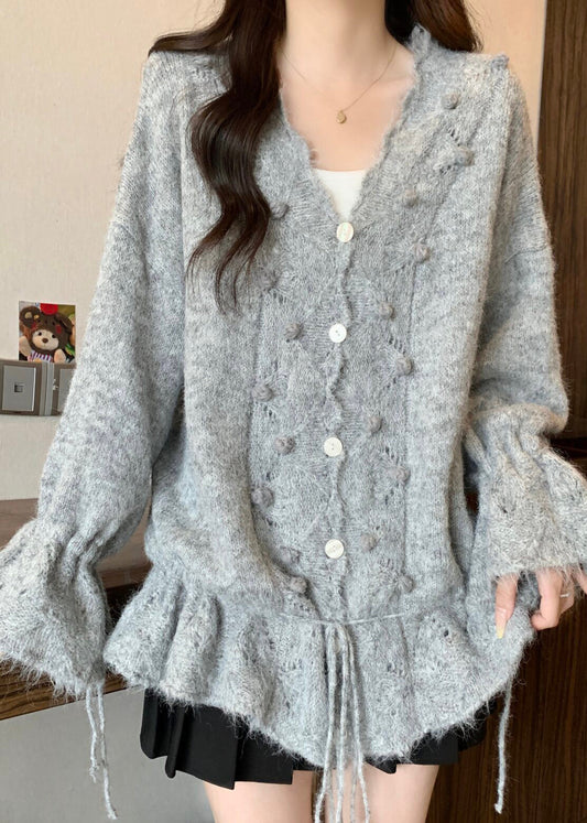 Casual Grey Oversized Fuzzy Ball Decorated Knit Cardigans Fall