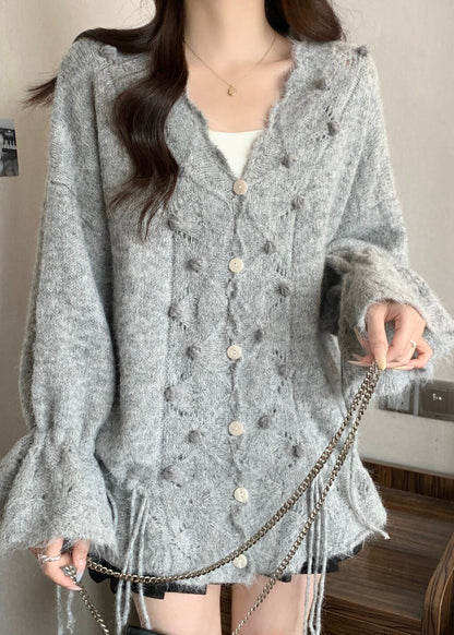 Casual Grey Oversized Fuzzy Ball Decorated Knit Cardigans Fall
