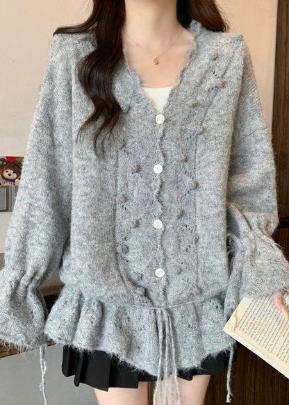 Casual Grey Oversized Fuzzy Ball Decorated Knit Cardigans Fall