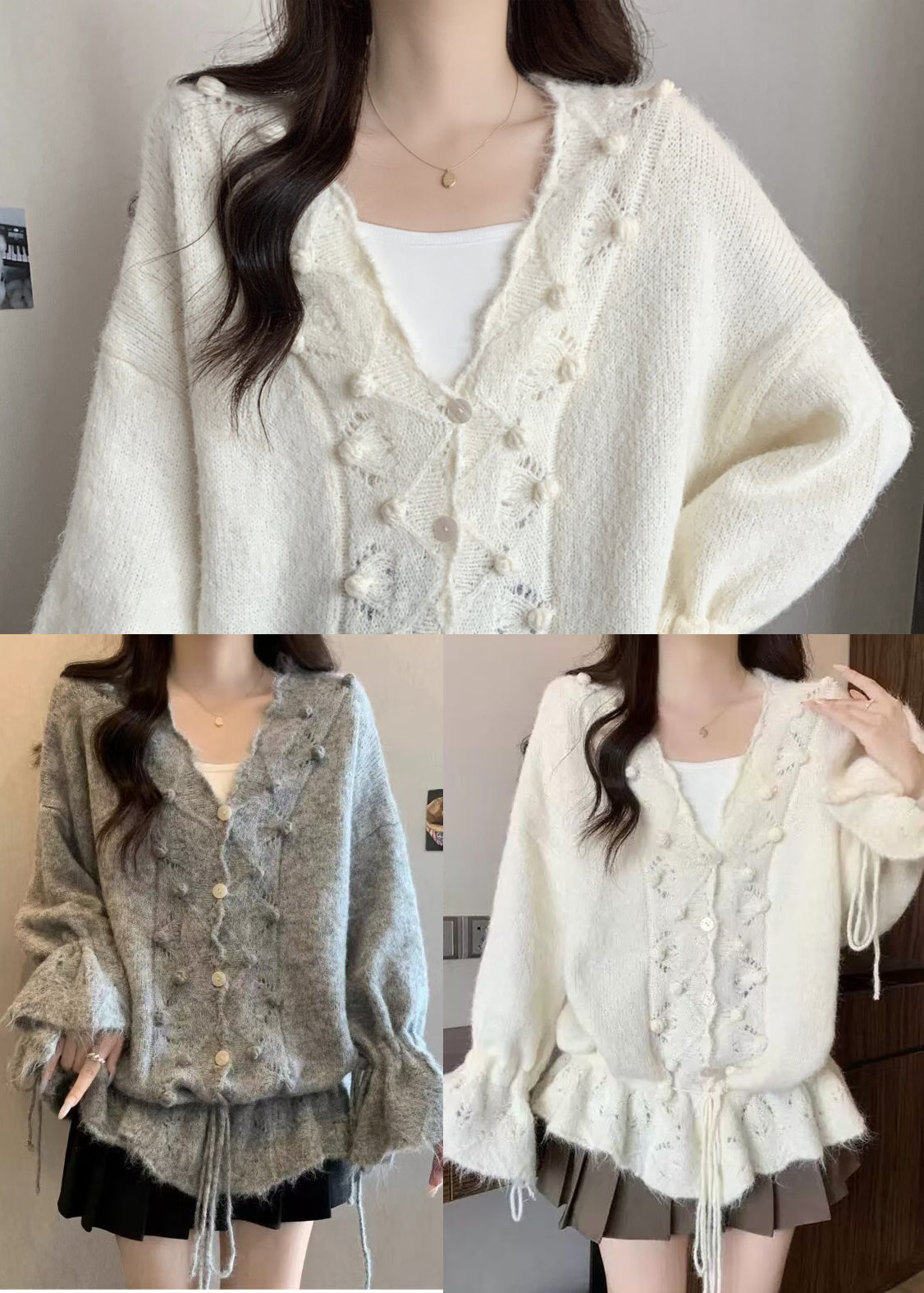 Casual Grey Oversized Fuzzy Ball Decorated Knit Cardigans Fall