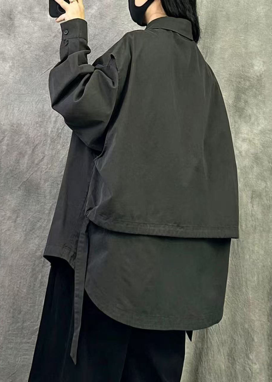 Casual Grey Oversized Patchwork Cotton Top Fall