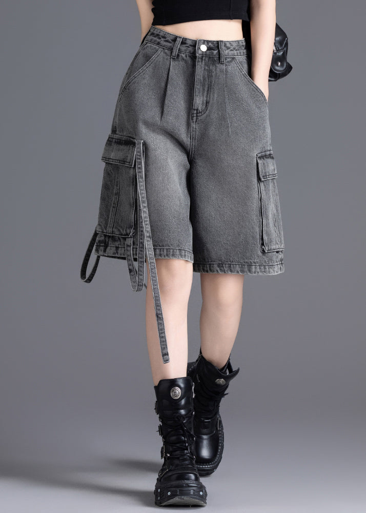 Casual Grey Oversized Pockets Denim Crop Pants Summer