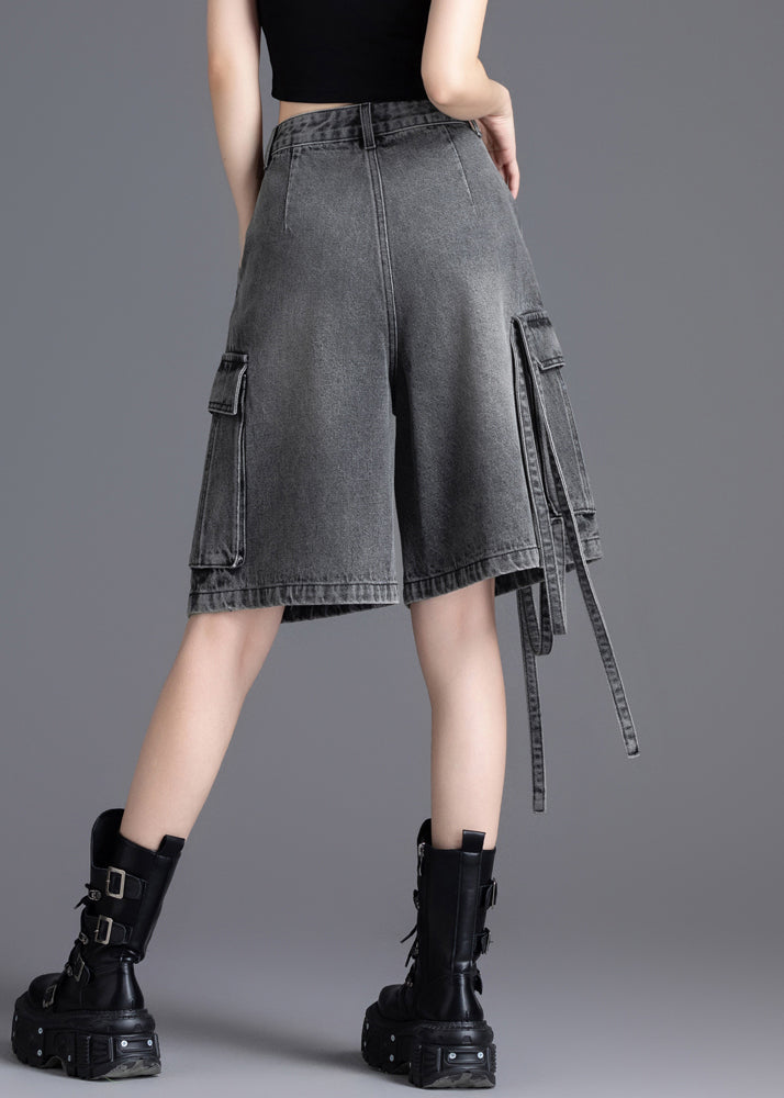 Casual Grey Oversized Pockets Denim Crop Pants Summer