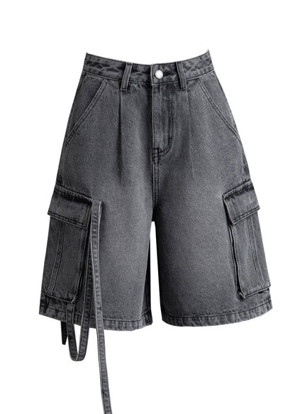 Casual Grey Oversized Pockets Denim Crop Pants Summer