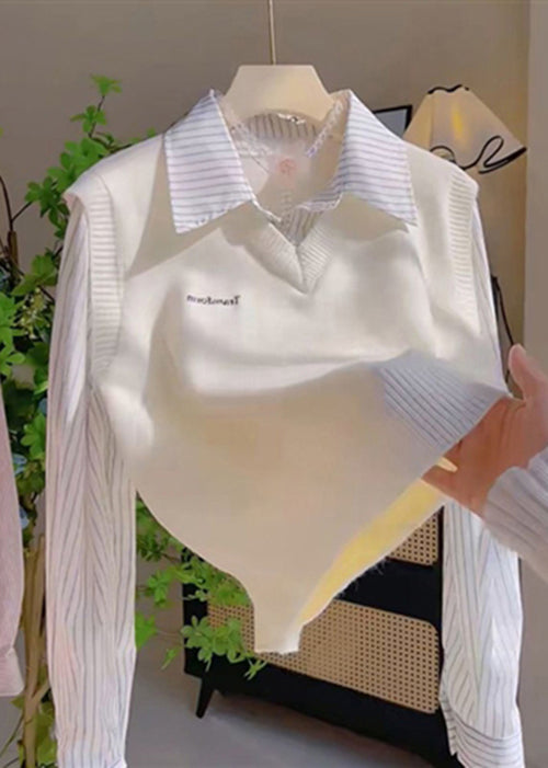 Casual Grey Peter Pan Collar False Two Pieces Patchwork Knit Tops Spring