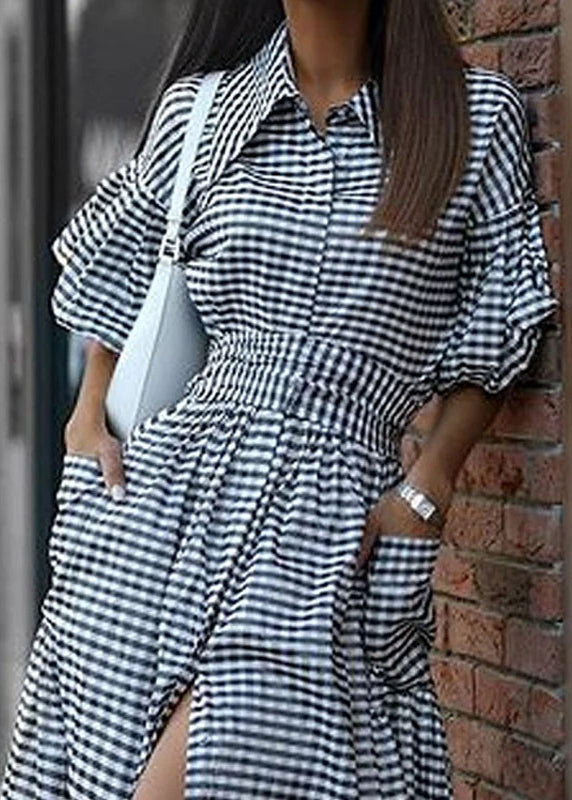 Casual Grey Plaid Tie Waist Long Dresses Summer