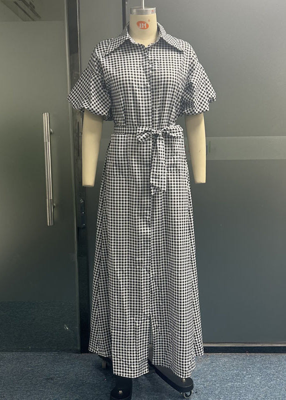 Casual Grey Plaid Tie Waist Long Dresses Summer