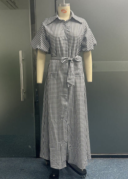 Casual Grey Plaid Tie Waist Long Dresses Summer