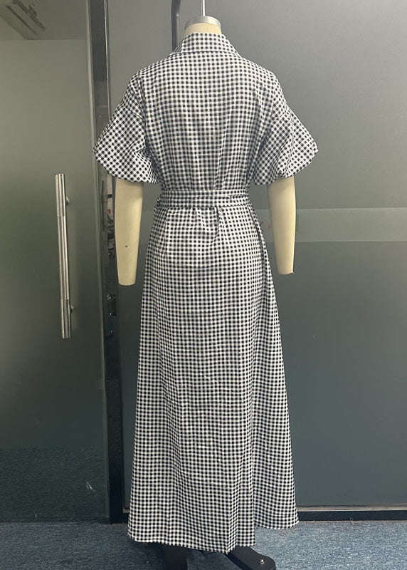 Casual Grey Plaid Tie Waist Long Dresses Summer