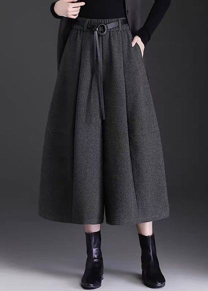 Casual Grey Pockets High Waist Woolen Wide Leg Crop Pants Skirt Fall