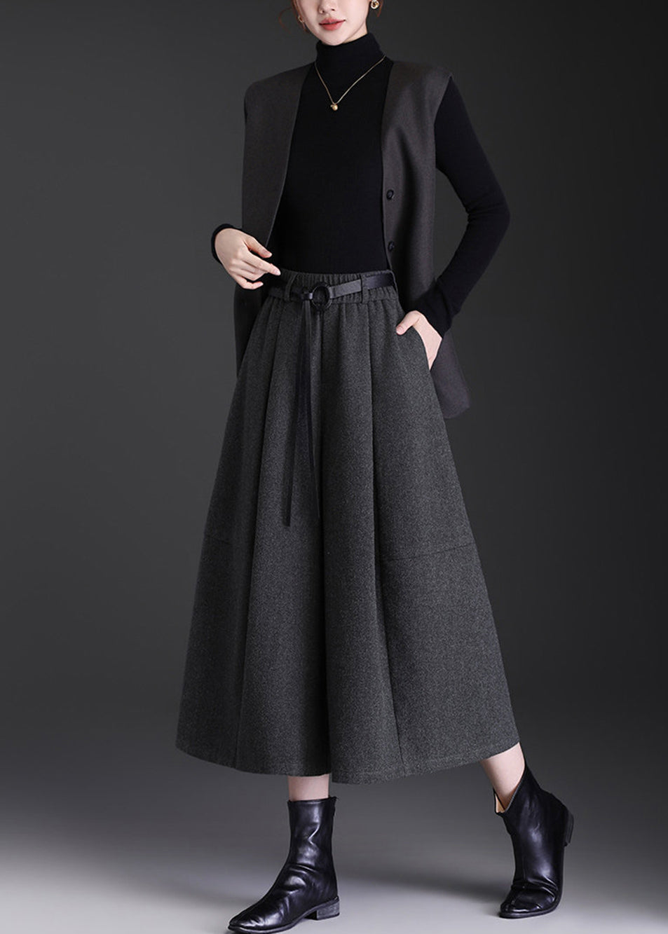 Casual Grey Pockets High Waist Woolen Wide Leg Crop Pants Skirt Fall