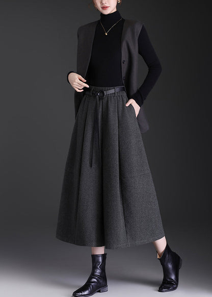 Casual Grey Pockets High Waist Woolen Wide Leg Crop Pants Skirt Fall