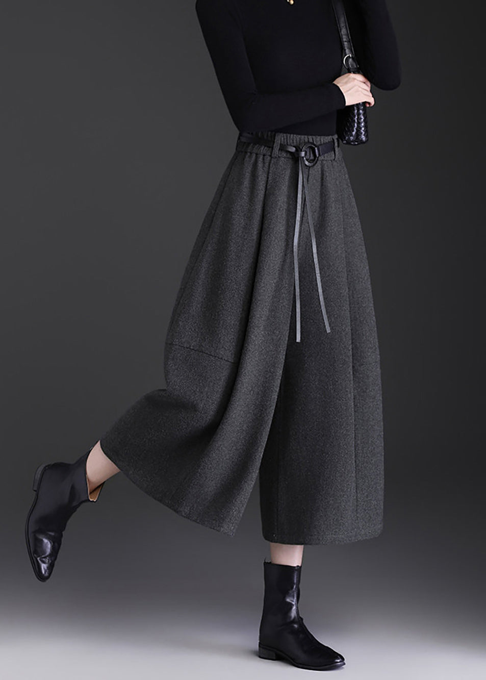 Casual Grey Pockets High Waist Woolen Wide Leg Crop Pants Skirt Fall