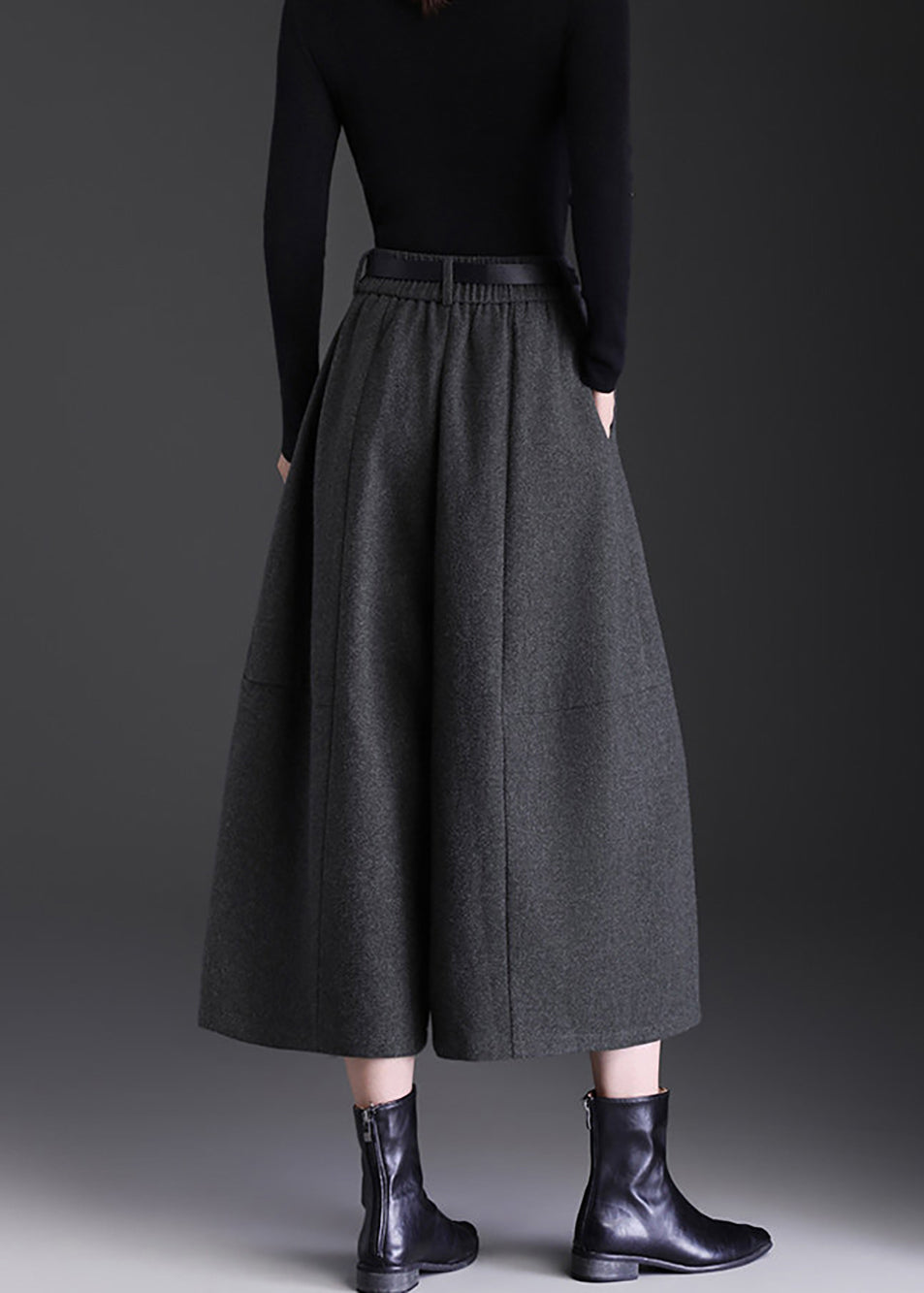 Casual Grey Pockets High Waist Woolen Wide Leg Crop Pants Skirt Fall