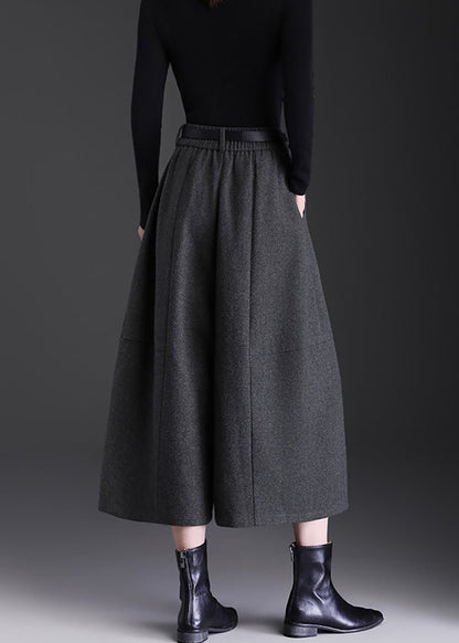 Casual Grey Pockets High Waist Woolen Wide Leg Crop Pants Skirt Fall