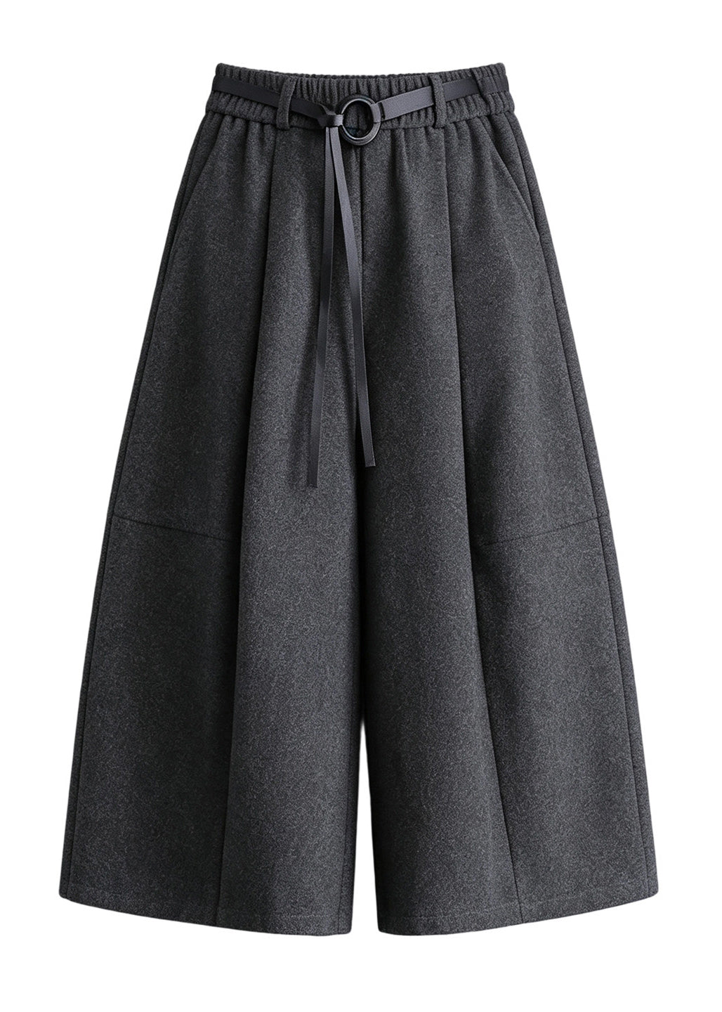 Casual Grey Pockets High Waist Woolen Wide Leg Crop Pants Skirt Fall
