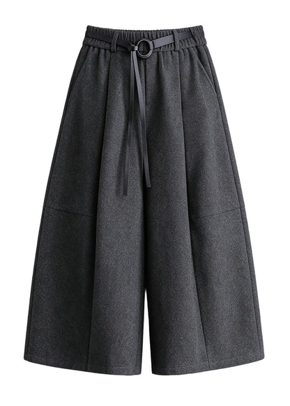 Casual Grey Pockets High Waist Woolen Wide Leg Crop Pants Skirt Fall