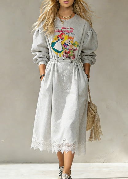 Casual Grey Print Drawstring Lace Patchwork Cotton Sweatshirt Dresses Spring