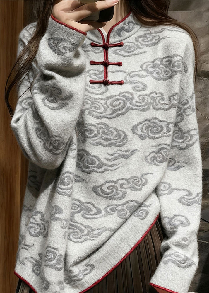 Casual Grey Stand Collar Auspicious Clouds Knit Sweater Tops Winter