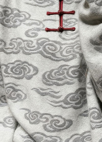 Casual Grey Stand Collar Auspicious Clouds Knit Sweater Tops Winter